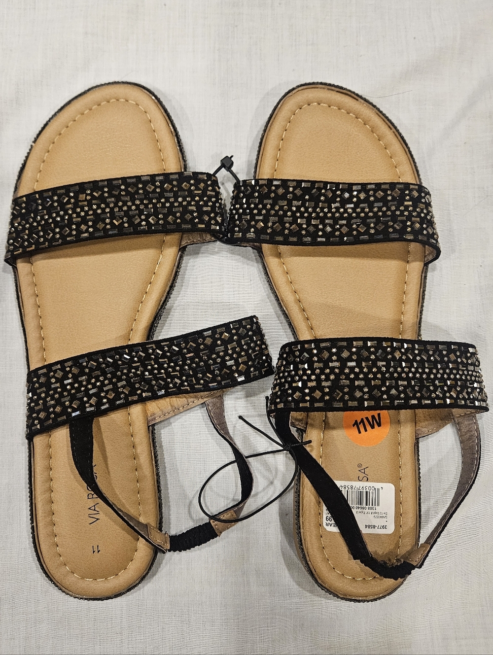 Size 11 Wide Black Embellished Double-Strap Sandals - Like NEW